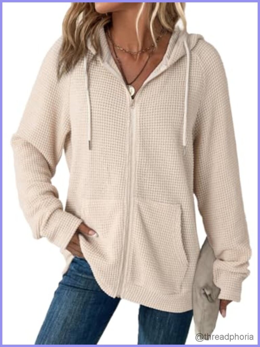 Women's Full Zip Hoodie Waffle Knit Long Sleeve Sweatshirt